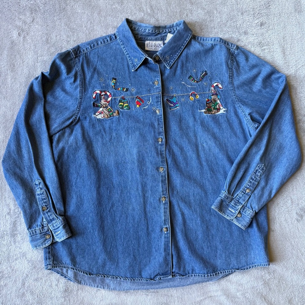 Basic Editions Holiday Denim Button Shirt Embroidered Christmas Teddy Bear L